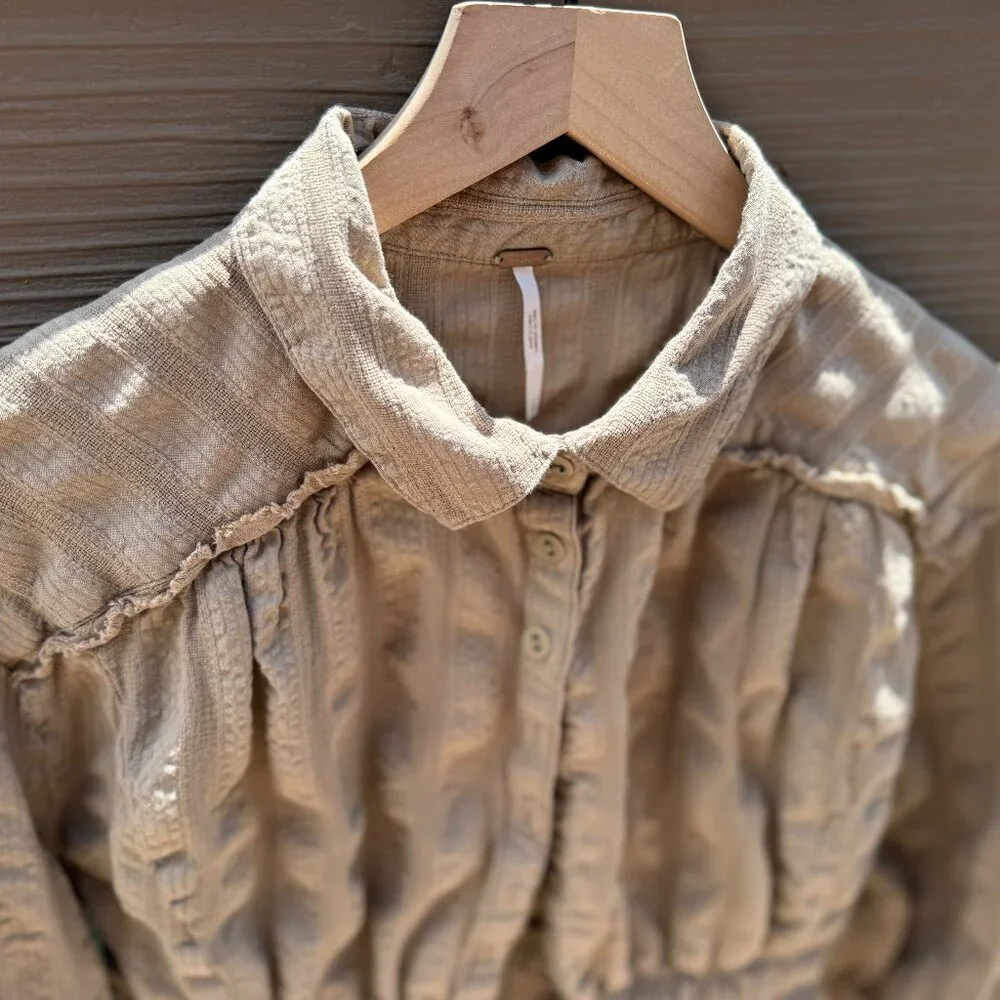 Free People Tammy Textured, Ruched Khaki Button Down